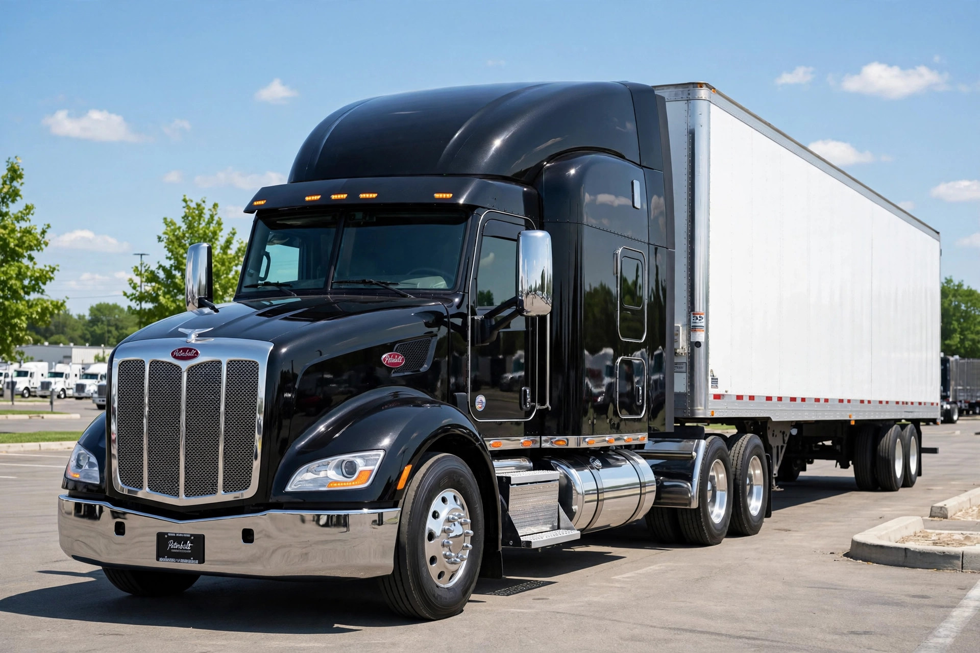 Glossy black Peterbilt with tall sleeper and chrome, hitched to a white 53-foot trailer
